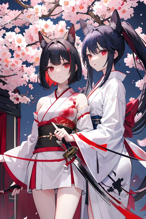 2girls、nightcity、Weapons with blood on them、Great body、Great legs、White kimono black hair with blood on it、Sword、Holding a weapon with blood on it、Cherry blossoms are dancing、poneyTail、Ordinary girl、The actions of two people who fight、a cool、Its battered