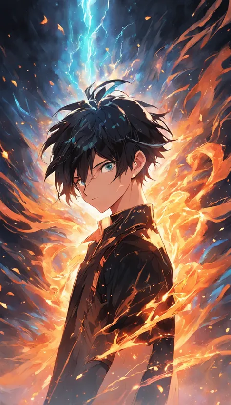 a painting that represents the essence of magic in your world, showing the black hair, shining golden eyes protagonist with a mystical black mark on his neck immersed in a cascade of magical fire energy, with glowing particles dancing around him and arcane...