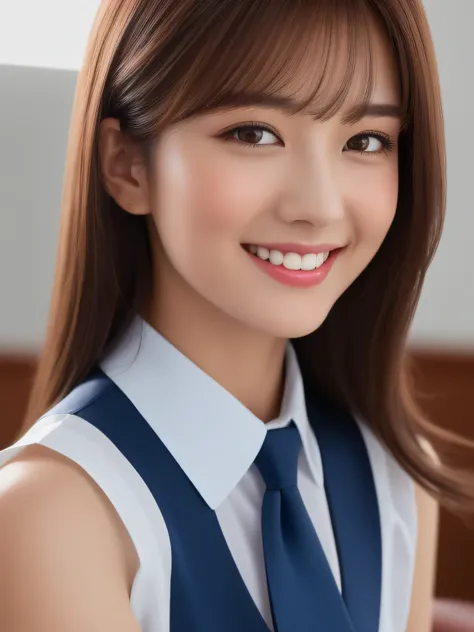 masterpiece, close up shot of a face, directly front view, a Japanese young pretty woman, sitting a chair alone with big smile in a classroom, glamorous figure, wearing a short sleeves silky white collared shirt with shiny satin red plain bow tie, hyper pr...