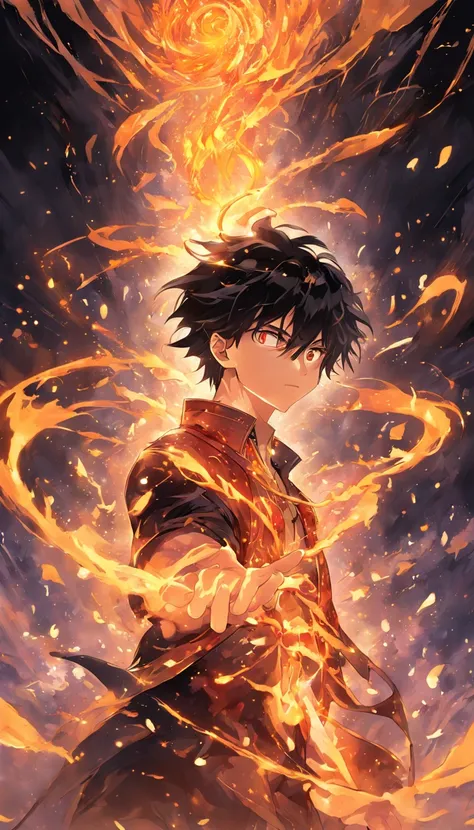 a painting that represents the essence of magic in your world, showing the black hair, shining golden eyes protagonist with a mystical black mark on his neck immersed in a cascade of magical fire energy, with glowing particles dancing around him and arcane...