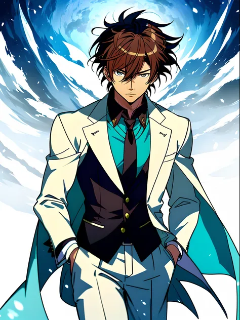 Anime image of a brown-haired man in a white suit and blue tie standing in the snow, Shinkai sincerely, New Xiangcheng, Honest, ryuta ueda artwork, offcial art, Anime handsome man, inspired by Hisui Sugiura, koyoharu gotouge, inspired by Okumura Togyu, hij...