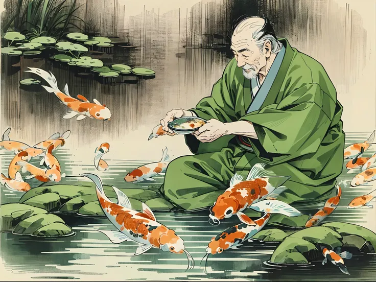 A (grandfather in a kimono is feeding koi:1.3). The picture is in the style of a Japanese ink painting, using only red and black. The grandfather has a calm expression, enjoying feeding the koi. Despite the simple use of colors, the picture is beautiful an...