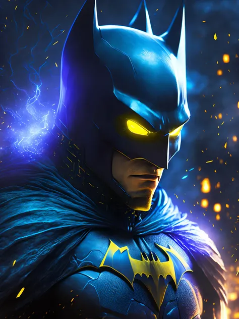 gloomy portrait of Batman Yellow Lantern from DC, extremely detailed, futuristic cityscape, nighttime, glowing neon lights, smoke, sparks, metal shavings, flying debris, blue energy effects, volumetric light