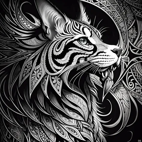 maincoon, black and white, zentangle (best quality) ultra-detailed, fine line drawing, fine line art, coloring book illustration style, intricate linework, highly detailed illustration, perfect composition, beautiful and stunning, dynamic angle, high contr...