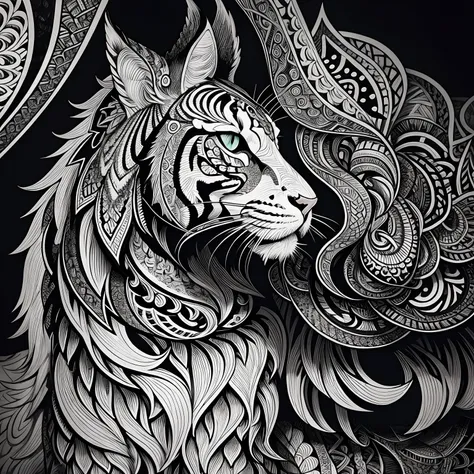 maincoon, black and white, zentangle (best quality) ultra-detailed, fine line drawing, fine line art, coloring book illustration style, intricate linework, highly detailed illustration, perfect composition, beautiful and stunning, dynamic angle, high contr...