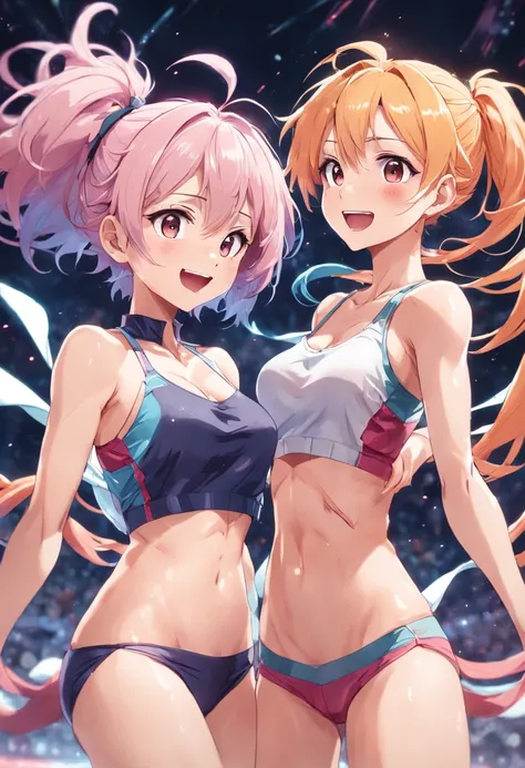 Two young women, (anime), poses de corpo inteiro, exercitando-se intensamente em uma academia, wearing sports bras and floss made of transparent fabric, com suor brilhando em seus corpos. They both have short, messy multicolored hair with smiling faces, an...