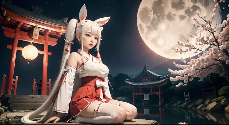 asian young woman, (long white bunny ears), (red-white cute shrine maiden outfit), long white hair, Twintails and bangs, traditional japanese hair ornaments, busty, shinto shrine under night sky with full moon, sitting, white thigh high stockings, athletic...