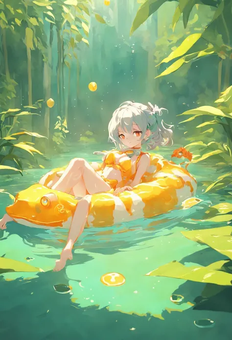 Frog with sunglasses, Lie down in the swimming ring and drink orange juice, In a lotus pond, 3D illustration style, Pastel colors of rococo, Global illumination, Strong sense of sunlight, High detail, 4K