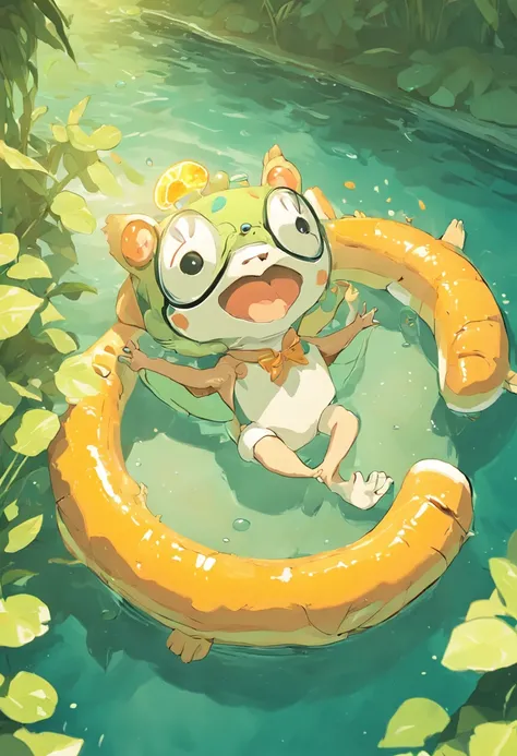 Frog with sunglasses, Lie down in the swimming ring and drink orange juice, In a lotus pond, 3D illustration style, Pastel colors of rococo, Global illumination, Strong sense of sunlight, High detail, 4K