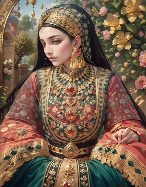 1 Ottoman Haseki, golden jewelery, Ancient Ottoman Empire, shiny fabrics, embroidery, Masterpiece, portraite of a, a closeup of a, gems, In the background is the garden of the Turkish palace, radiance, shiny pollen, Elegantly, filigree, Cinematic, 4k