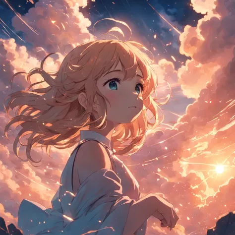 masterpiece, best quality, movie still, 1girl, cloud girl, floating in the sky, close-up, bright, happy, warm soft lighting, sunset, (sparks:0.7)