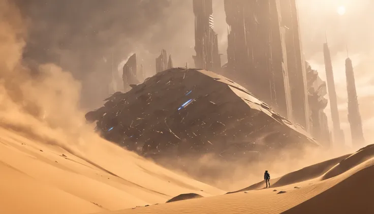 Dune sci-fi scene，Geometric complex as the background，huge buildings，There are many ships in the air，Size contrast，crowd of，Soldiers versus soldiers，Big scenes of war，smog，Explosive effect，Fine 8K，vray，Wasteland Science Fiction