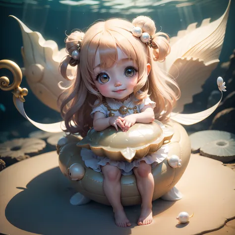 Cute Baby Chibi Anime,Venus,The best smile,Sit on scallops,Pearl beige long sauvage hair,Royal Aquarium.