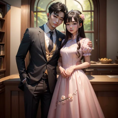 The young and handsome Xiao Wei put his arm around Tingting, a beautiful girl in a princess dress