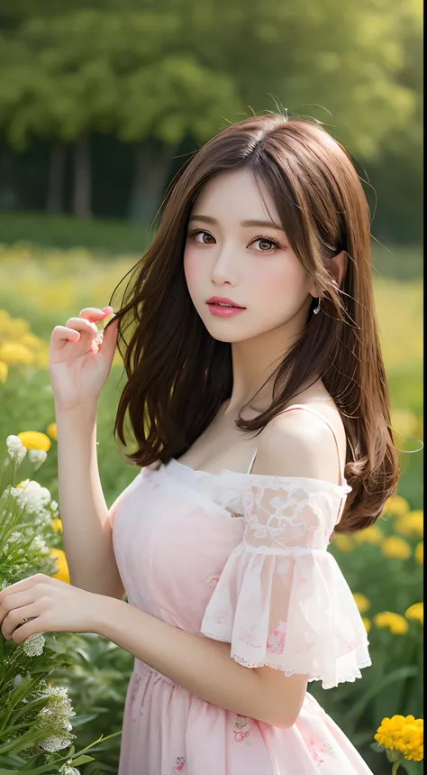 masutepiece, Best Quality, Illustration, Ultra-detailed, finely detail, hight resolution, 8K Wallpaper, Perfect dynamic composition, Beautiful detailed eyes, doress,Medium Hair, mid-chest, Natural Color Lip, Random and sexy poses, standing in the flower fi...