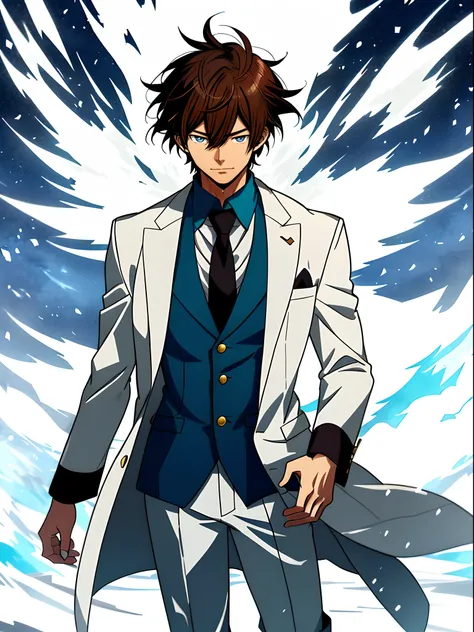 Anime image of a brown-haired man in a white suit and blue tie standing in the snow, Shinkai sincerely, New Xiangcheng, Honest, ryuta ueda artwork, offcial art, Anime handsome man, inspired by Hisui Sugiura, koyoharu gotouge, inspired by Okumura Togyu, hij...