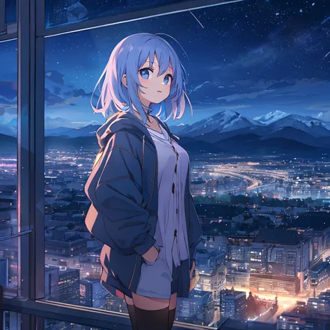 absurderes, hight resolution, (Anime style:1.1), ((masutepiece)), ((Best Quality)), (Ultra-detailed), (Beautiful), 独奏, Beautiful face、(liftup),Cute girl standing on mountain with beautiful view of night view of delicate city at night,Wind,Light blue hair, ...