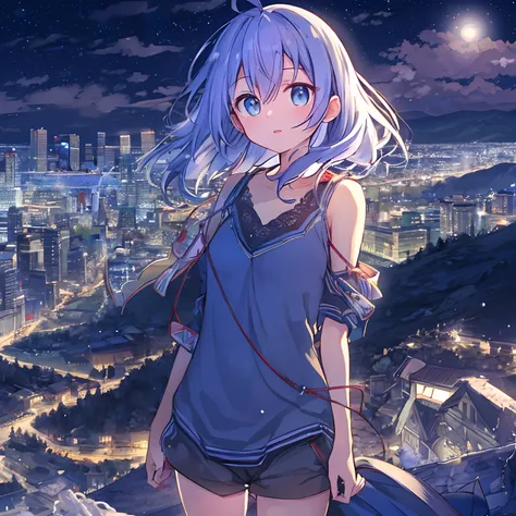 absurderes, hight resolution, (Anime style:1.1), ((masutepiece)), ((Best Quality)), (Ultra-detailed), (Beautiful), 独奏, Beautiful face、(liftup),Cute girl standing on a mountain with beautiful view of delicate city night view at night,Wind,Light blue hair, B...