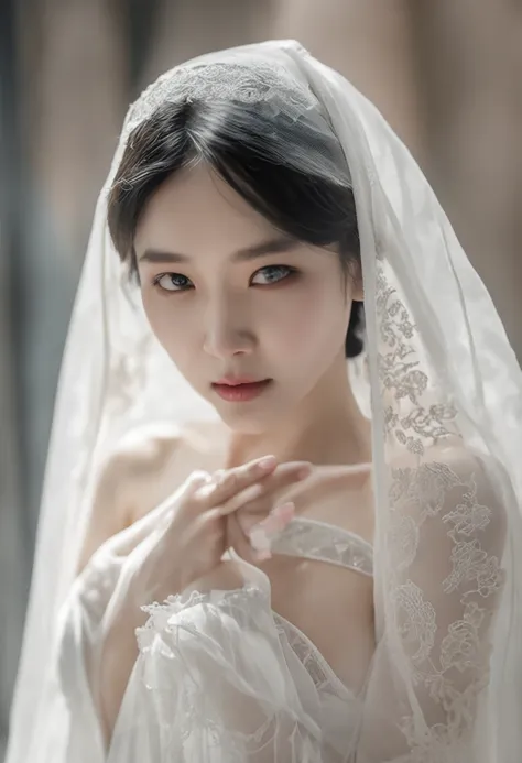 There is a beautiful asian girl posing for a photo in a white dress and veil, pale milky white porcelain skin, Guviz, Translucent white skin, Smooth translucent white skin, White bra, light yarn, White lace, Milky white skin, ((Mist)), Lingerie, (Ethereal)...