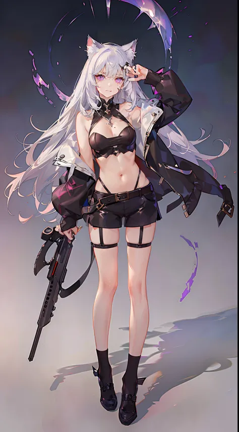 young girl, Long white hair, cat ears, violet eyes, leather jacket, briefs, tear stockings, Black Top, open belly, Lots of scars, claws, anger, Masterpiece, hiquality