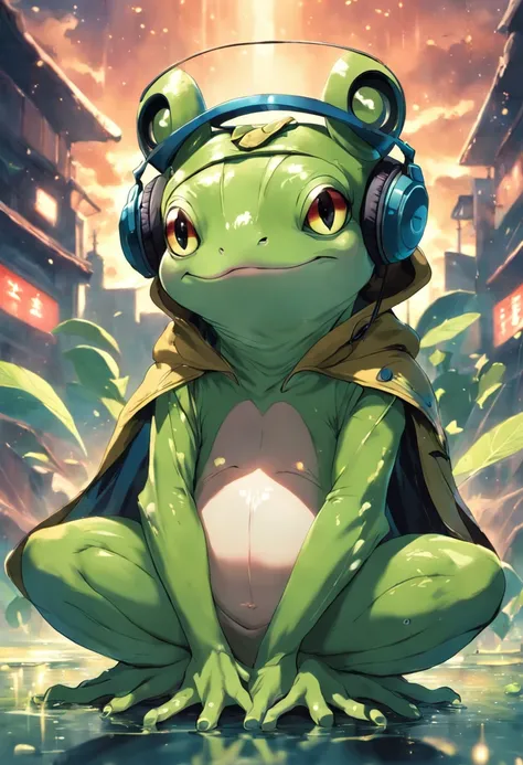 A masterpiece green frog with headphones, fatness