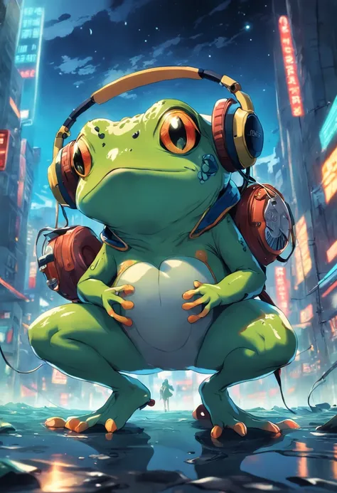 A masterpiece green frog with headphones, fatness