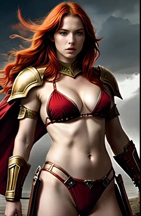 Masterpiece, a beautiful red haired warrior queen wearing sexy bikini armor, (Michelle Pfeiffer:Karen Gillan:0.5), strong athletic body, medium breasts, (skin texture:1.1), best quality, ultra high res, digital art, realisitc, fierce expression