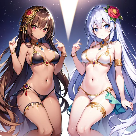 top-quality、extremely delicate and beautiful、((Soio))(Right eye is blue）（The left eye is red)、Arabian costume 、Navel、(silber hair)、femele、（Black bikini for lower body）、(((Brown skin)))