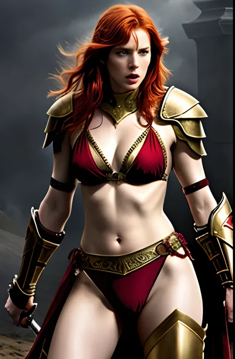 Masterpiece, a beautiful red haired warrior queen wearing sexy bikini armor, (Michelle Pfeiffer:Karen Gillan:0.5), strong athletic body, medium breasts, (skin texture:1.1), best quality, ultra high res, digital art, realisitc, fierce expression