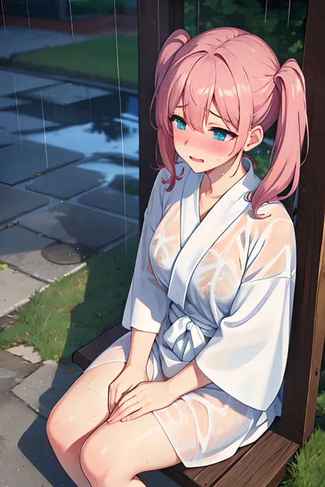 Realistic, outdoor, park, wide angle, raining, soaking wet, 1girl, blushed, embarrassed, good hand anatomy, POV, from above, sitting, white robe, twintails