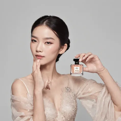 A Chinese woman holds a bottle of perfume in both hands，Take photos of skincare brands，beauty campaign，H3H3，Taoist，shot of，beauty retouch，Cool and bright tones，Dua Lipa，Official Product Pictures，inspired by Luo Ping，Clean face and body skin，Black hair