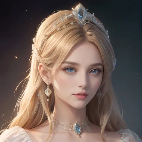 tmasterpiece，Highest image quality，Beautiful bust of a royal woman，Delicate blonde hairstyle，Decorated with dazzling intricate jewelry，super detailing，upscaled。