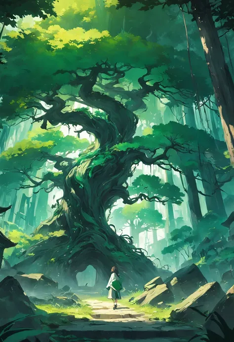 ((Gradually approaching，Can be seen clearly:1.2)There is a half-truncated huge there(Scorched black:0.9)Trunk(Deadwood:1.1)，(Life:0.9)Distributed(The leaves are as clear as green jade,A little soft diffusion of light:1.1)s(Green jade carved - branches and ...