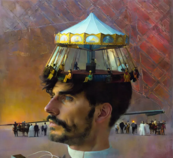 there was a man with a carousel on his head, surreal collage, hyper-realistic illustration, inspired by quint buchholtz, digital...