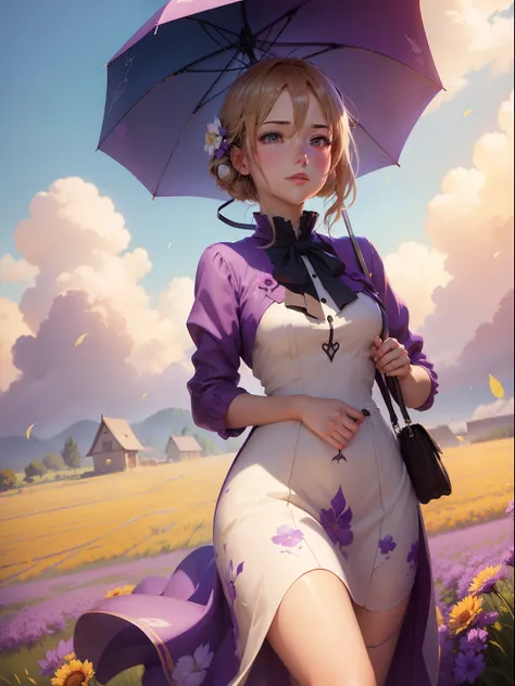 painting of a woman in a dress holding an umbrella in a field, makoto shinkai cyril rolando, beautiful anime artwork, high definition anime art, violet evergarden, beautiful anime art, anime art wallpaper 8 k, 4 k manga wallpaper, anime art wallpaper 4k, a...