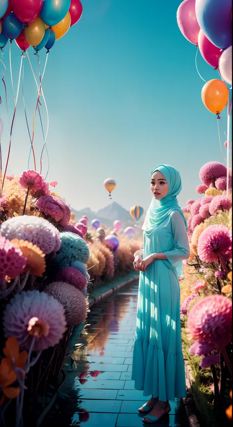 There is a poster，malay women, wear hijab, modest dress, Light blue sky background，((Number 8))，Crystal number 8，Transparent number 8，Pass through the streamer of the number 8，Balloon vibe，beauty campaign, bubbly scenery, 8K，Bright style，Delicate，tmasterpi...