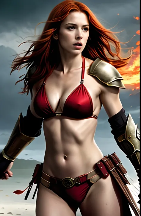 Masterpiece, a beautiful red haired warrior queen wearing sexy bikini armor, (Michelle Pfeiffer:Karen Gillan:0.5), strong athletic body, medium breasts, (skin texture:1.1), best quality, ultra high res, digital art, realisitc, fierce expression, fantasy ba...