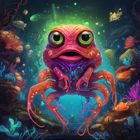 (Klein:1.3, fanciful:1.2) Marvelous bioluminescent filamentous creature in dark background, Has a visible spectrum，Inspired by Huang Shijie. Large eyes should be emphasized.Frog shape