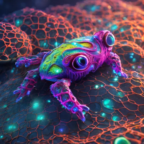 (Klein:1.3, fanciful:1.2) Marvelous bioluminescent filamentous creature in dark background, Has a visible spectrum，Inspired by Huang Shijie. Large eyes should be emphasized.Frog shape