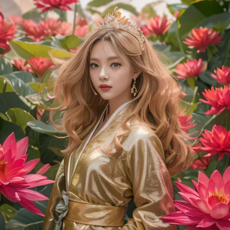 32K（tmasterpiece，k hd，hyper HD，32K）Large curls，Flowing rouge，ponds，zydink， a color，  Asian people （Silly girl）， （Silk scarf）， Combat posture， looking at the ground， Large rolls of rouge， Flowing rouge curls， Crocodile leather tiara， Chinese long-sleeved cl...