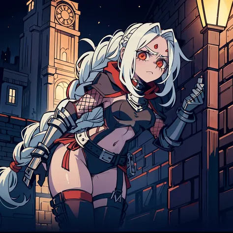 1girl, young rogue girl, long white hair, braids, red eyes, leather armor, fishnet stockings, skindentation, steel gauntlets, small breasts, wide hips, thick thighs, scar over one eye, hood, mask, fantasy, detailed background, medieval city street at night