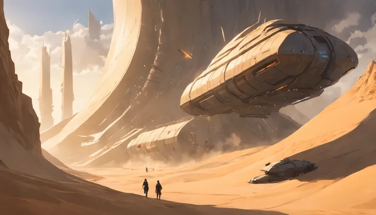 Dune concept art，Clean and neat tones，Sci-fi base scene，Huge scene，Square-shaped complex，Soviet aesthetic architecture，huge buildings，There are many ships in the air，Size contrast，crowd of，Soldiers versus soldiers，Big scenes of war，smog，epic concept art，Fi...