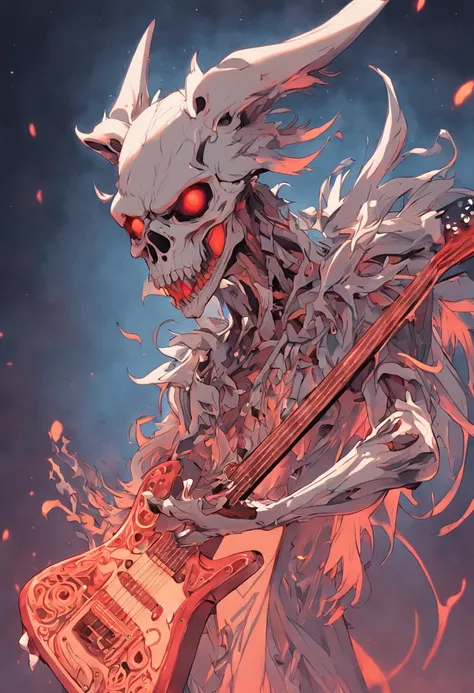 ((uma obra-prima detalhes insanos wolf skull tocando guitarra), cores neon, alto contraste, Vector art with strong, sharp black outlines, Full body shot sharp focus, pintura digital, digital illustation, ultra sharp, linhas duras, linha limpa, white backgr...