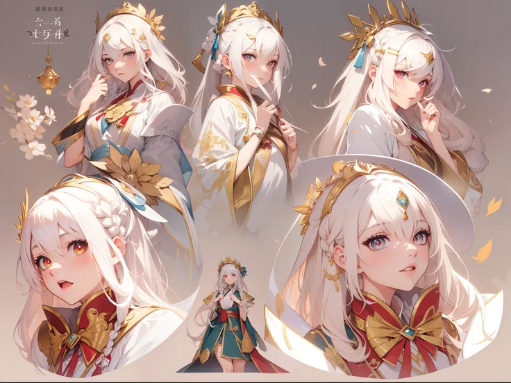 ((Masterpiece, Highest quality)), Detailed face, CharacterDesignSheet， full bodyesbian, Full of details, Multiple poses and expressions, Highly detailed, Depth, Many parts，A beautiful girl with white hair，Shoelaces twisted braids，He wears a blonde hairpin，...