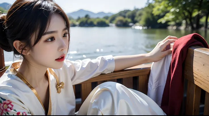 (A half body，Close-up，closeup cleavage：1.2)，Arakfi Asian woman sitting in chair，Wearing a green and gold dress, (outside,hot onsen，florals，grassy，nevando） ， A girl in Hanfu, Hanfu, Cheongsam, with acient chinese clothes, Traditional beauty, Traditional Chi...