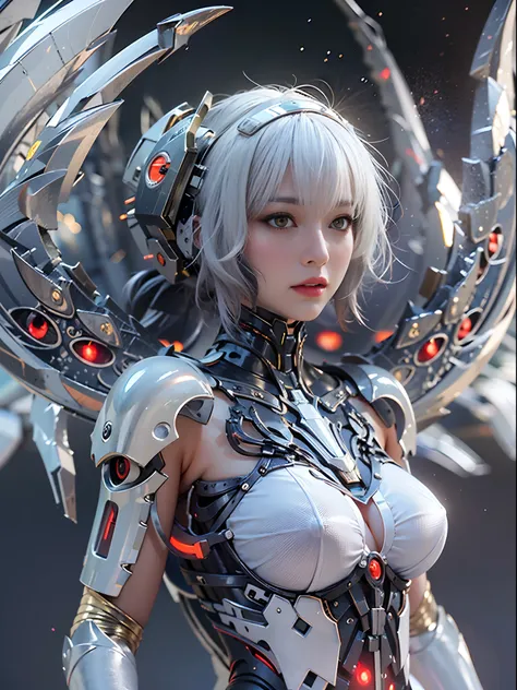 top-quality、​masterpiece、超A high resolution、(Photorealsitic:1.4)、Raw photo、Battle Cyborg Angel、large wings made of metal、White porcelain body、Acrylic Clear Cover、white  hair、glowy skin、1 Cyborg Girl、full bodyesbian、((super realistic details))、portlate、glob...