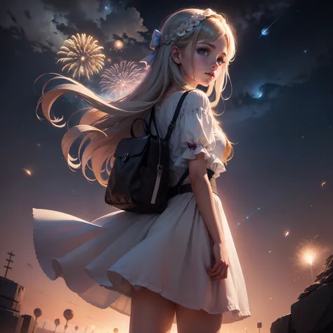 1girl,Standing, crescente_moon on the sky, terra_(planeta), Pirilampos, fireworks, cheio_lua, galaxy, Luz_particuls, leitoso_caminho, lua, luar, Noite, Noite_heaven, planeta,