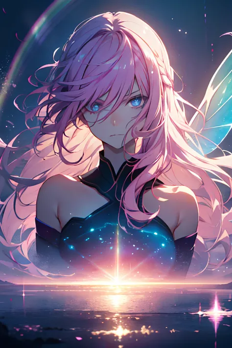 With pink hair and rainbow eyes,beautiful as a fairy,A melancholy expression that stirs affection,side face,floating hair,light particles,glare,vivid,fancy,dreamlike,a dim atomshpere,