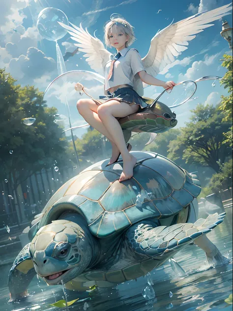 (Best Quality, Masterpiece: 1.1), (Realistic: 1.4), Beautiful naked schoolgirl is riding on the rainbow turtle, god ray, teen, silver short hair, blue eyes, full body, from below, hourglass body shape, flying over the park, crystallineAI, fractal art, spla...