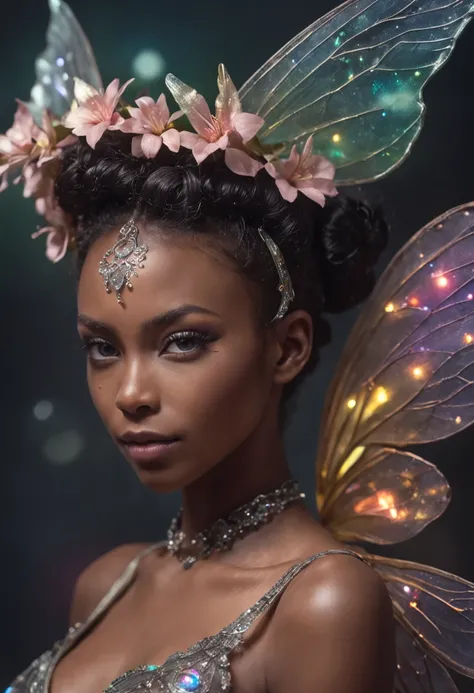 "1 beautiful black fairy woman cyber punk with African ethnicity. A stunning, ethereal depiction of a mesmerizing Flower Fairy in a fantasy realm.Close up,Flower fairy,crystal fairy, shiny butterfly wings,crystal blossom flower,
fantasy, galaxy, transparen...